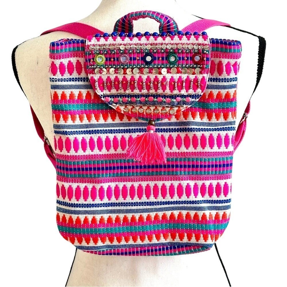 Accessorize Backpack Embroidered Boho Woven Hot Pink Beaded Tassel Bag NWT